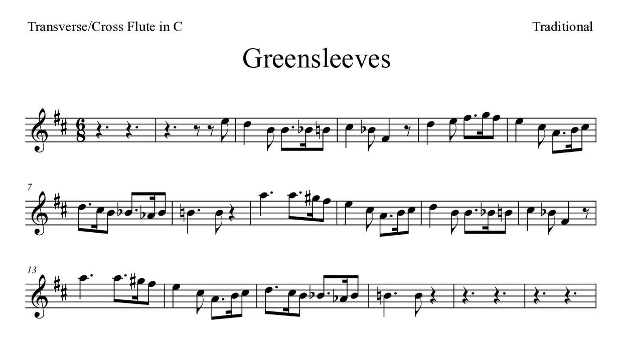 Noten von Greensleeves für Querflöte (Schwer), erste Zeilen