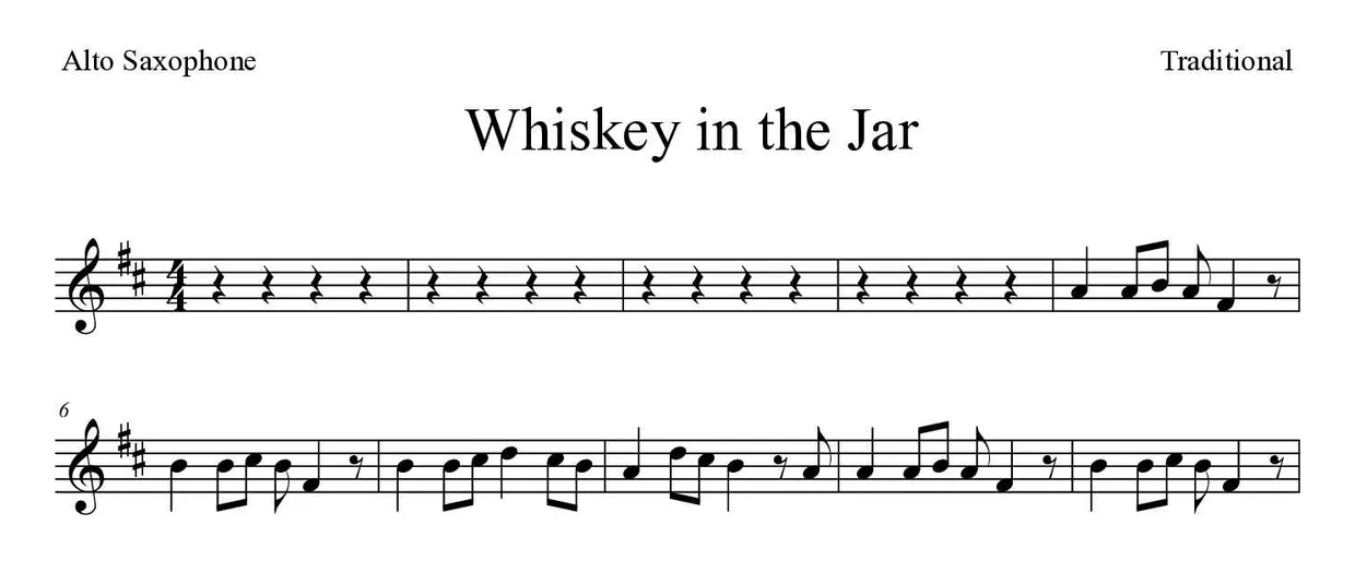 Partition de Whiskey in the Jar pour saxophone alto, premières lignes