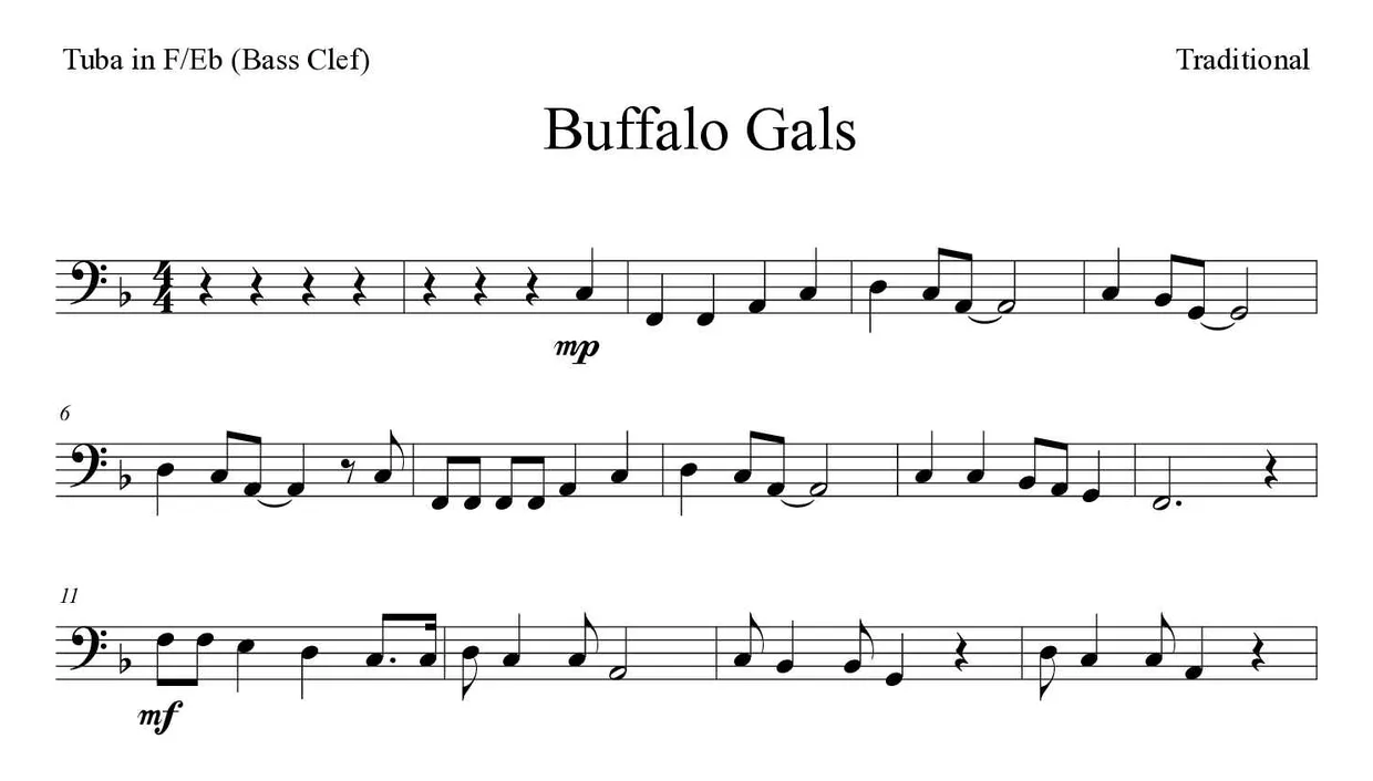 「Buffalo Gals」Tuba in F/Eb (Bass Clef)用楽譜の最初の数段