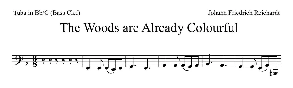 「The Woods are Already Colourful」Tuba in Bb/C (Bass Clef)用楽譜の最初の数段