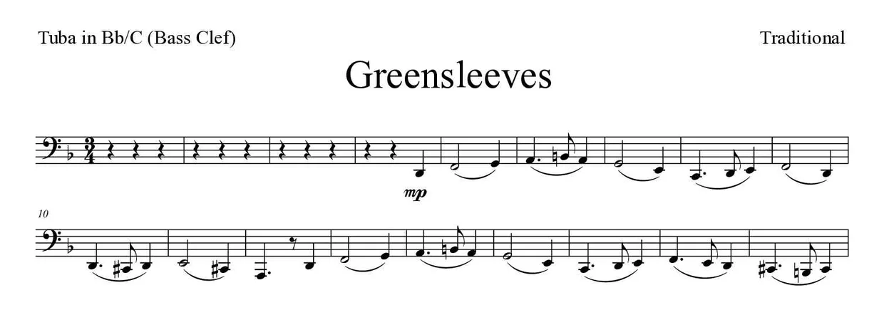 ‘Greensleeves’ Tuba in Bb/C (Bass Clef) 악보의 첫 몇 줄