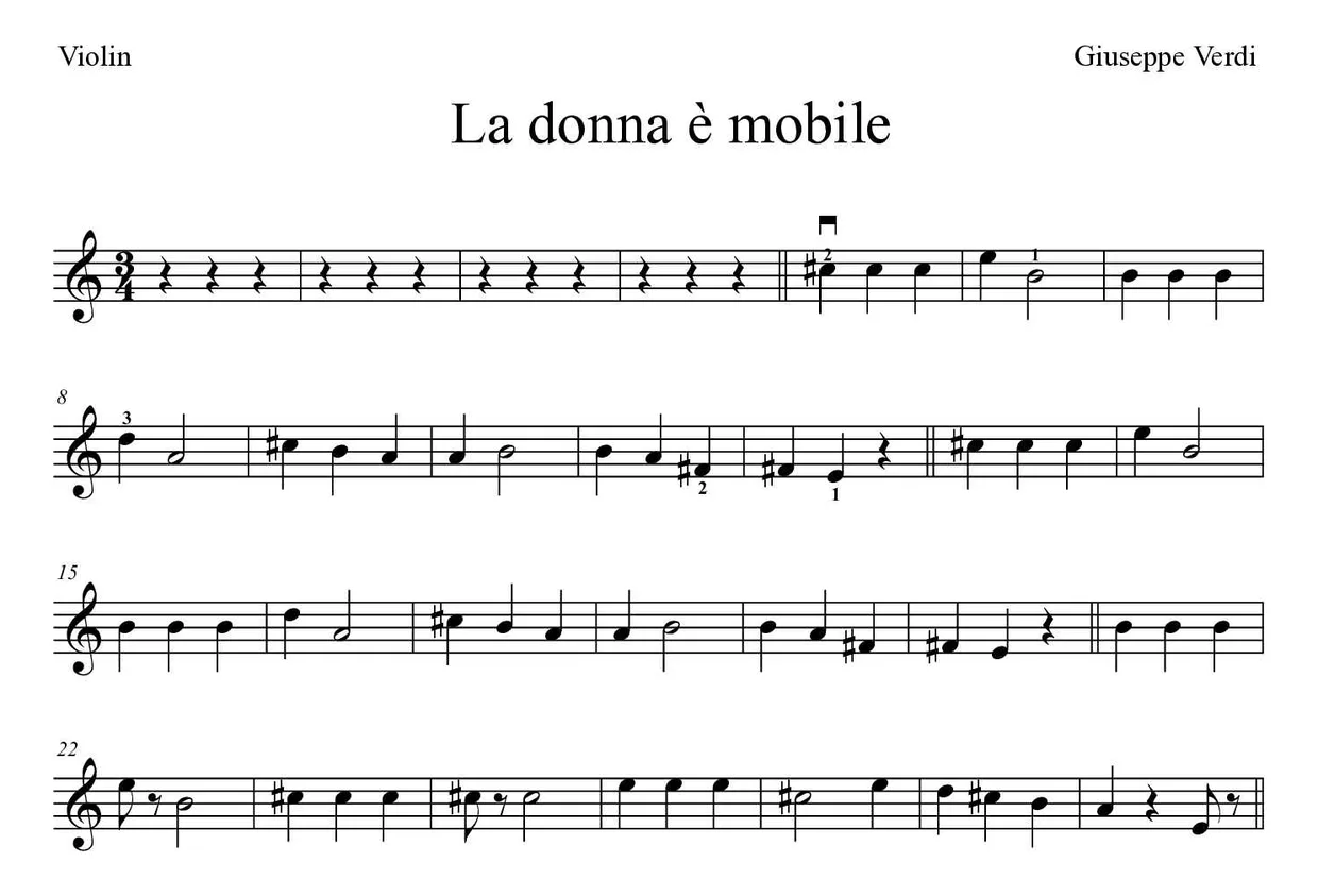 Partitura de La donna è mobile para violín, primeras líneas