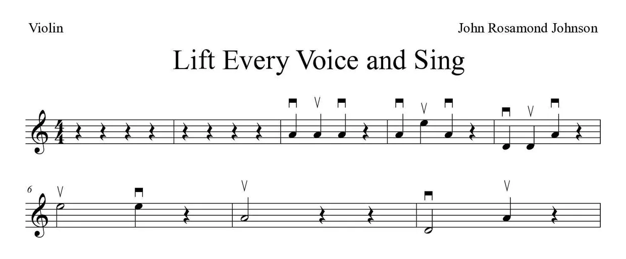 Partitura de Lift Every Voice and Sing para violino, primeiras linhas