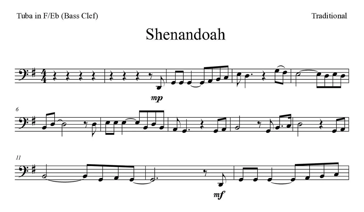 Sheet music of Shenandoah for tuba in F/Eb (bass clef) (Hard), first lines