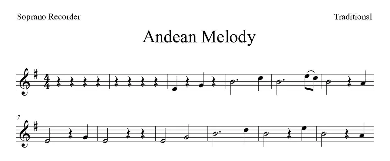 Partitura de Andean Melody para flauta de bisel, primeiras linhas