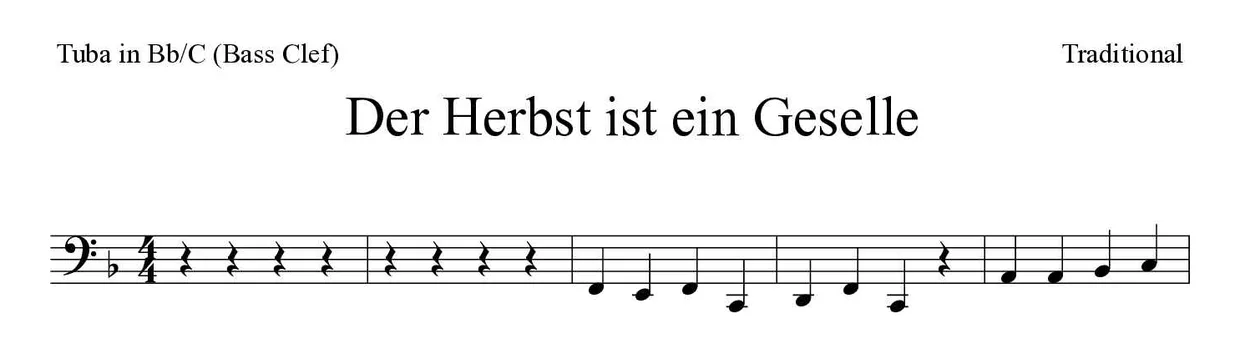 Bladmuziek van Der Herbst ist ein Geselle voor tuba in Bb/C (bass clef), eerste regels
