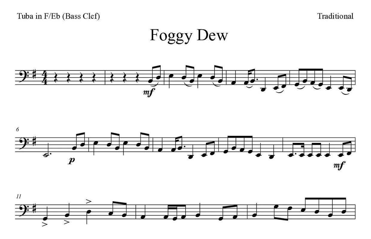 Sheet music of Foggy Dew for tuba in F/Eb (bass clef) (Medium), first lines