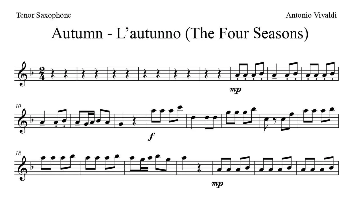 Sheet music of Autumn - L’autunno (The Four Seasons) for tenor saxophone (Hard), first lines