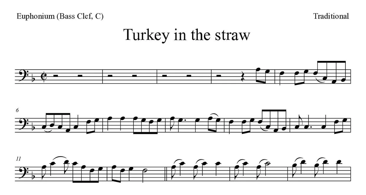 ‘Turkey in the straw’ Euphonium (Bass Clef, C) 악보의 첫 몇 줄