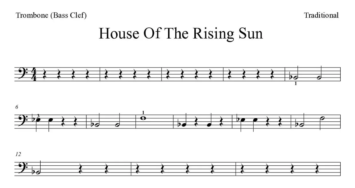 Sheet music of House Of The Rising Sun for trombone (Easy), first lines