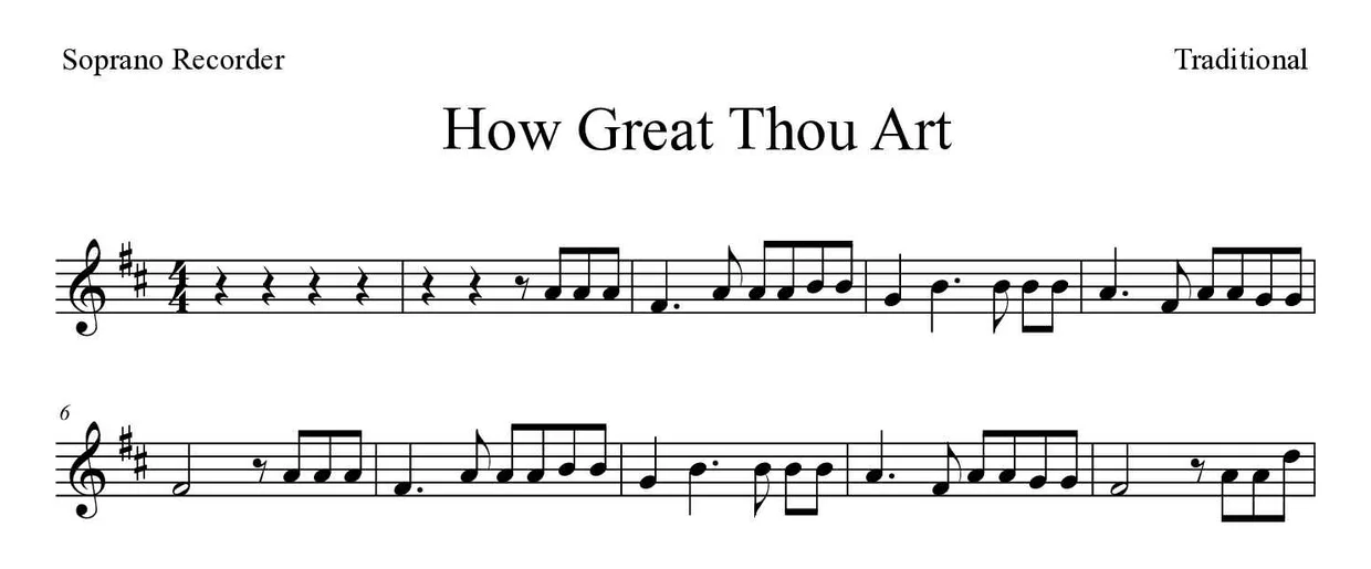 「How Great Thou Art」Recorder用楽譜の最初の数段