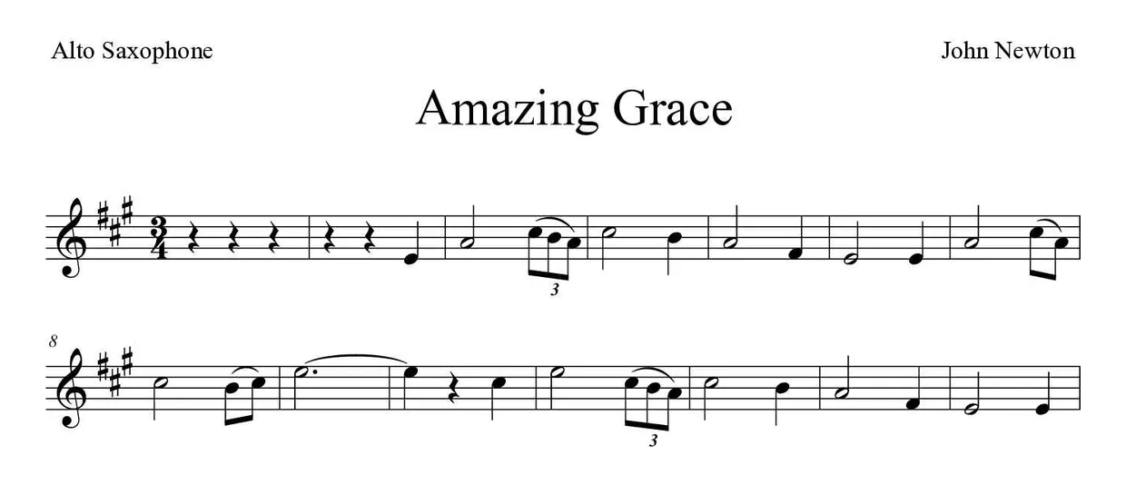 Bladmuziek van Amazing Grace voor alto saxophone, eerste regels