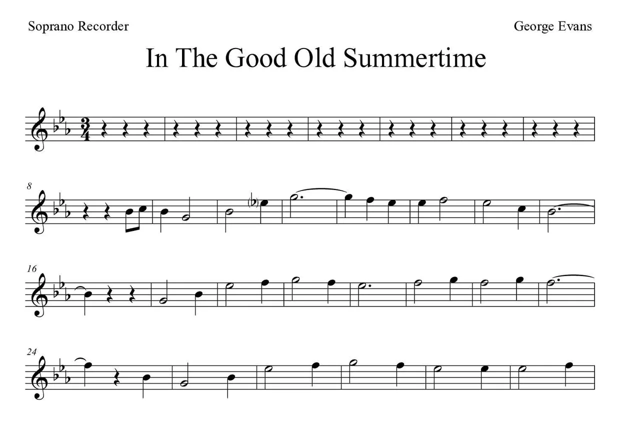 Partitura de In The Good Old Summertime para flauta dulce, primeras líneas