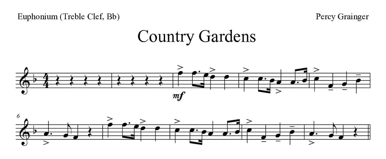 Partitura de Country Gardens para bombardino (clave de Sol, Sib), primeras líneas