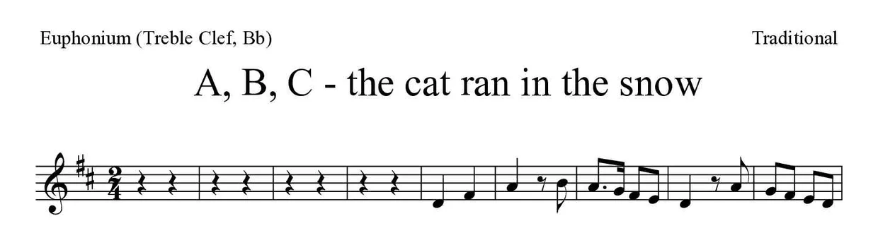Bladmuziek van A, B, C - the cat ran in the snow voor euphonium (treble clef, Bb), eerste regels