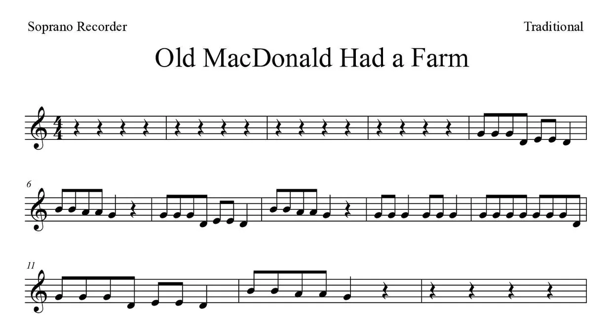 ‘Old MacDonald Had a Farm’ Recorder 악보의 첫 몇 줄