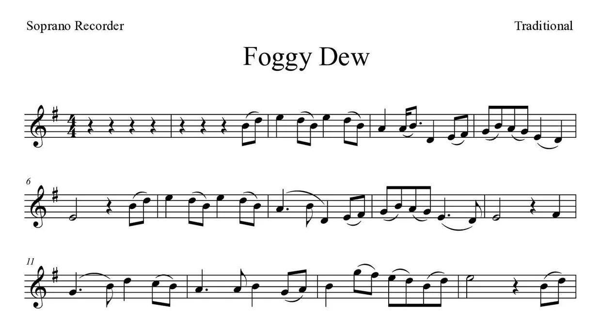 Sheet music of Foggy Dew for recorder (Medium), first lines