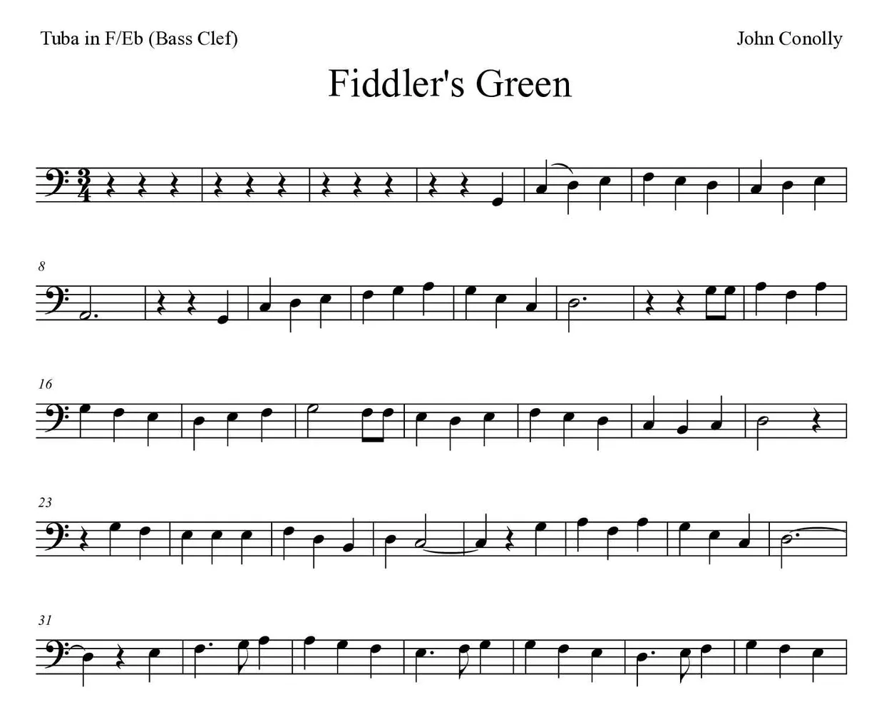 Sheet music of Fiddler's Green for tuba in F/Eb (bass clef) (Hard), first lines