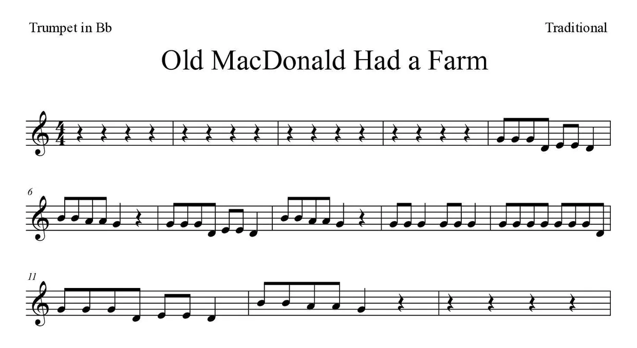 「Old MacDonald Had a Farm」Trumpet in Bb用楽譜の最初の数段