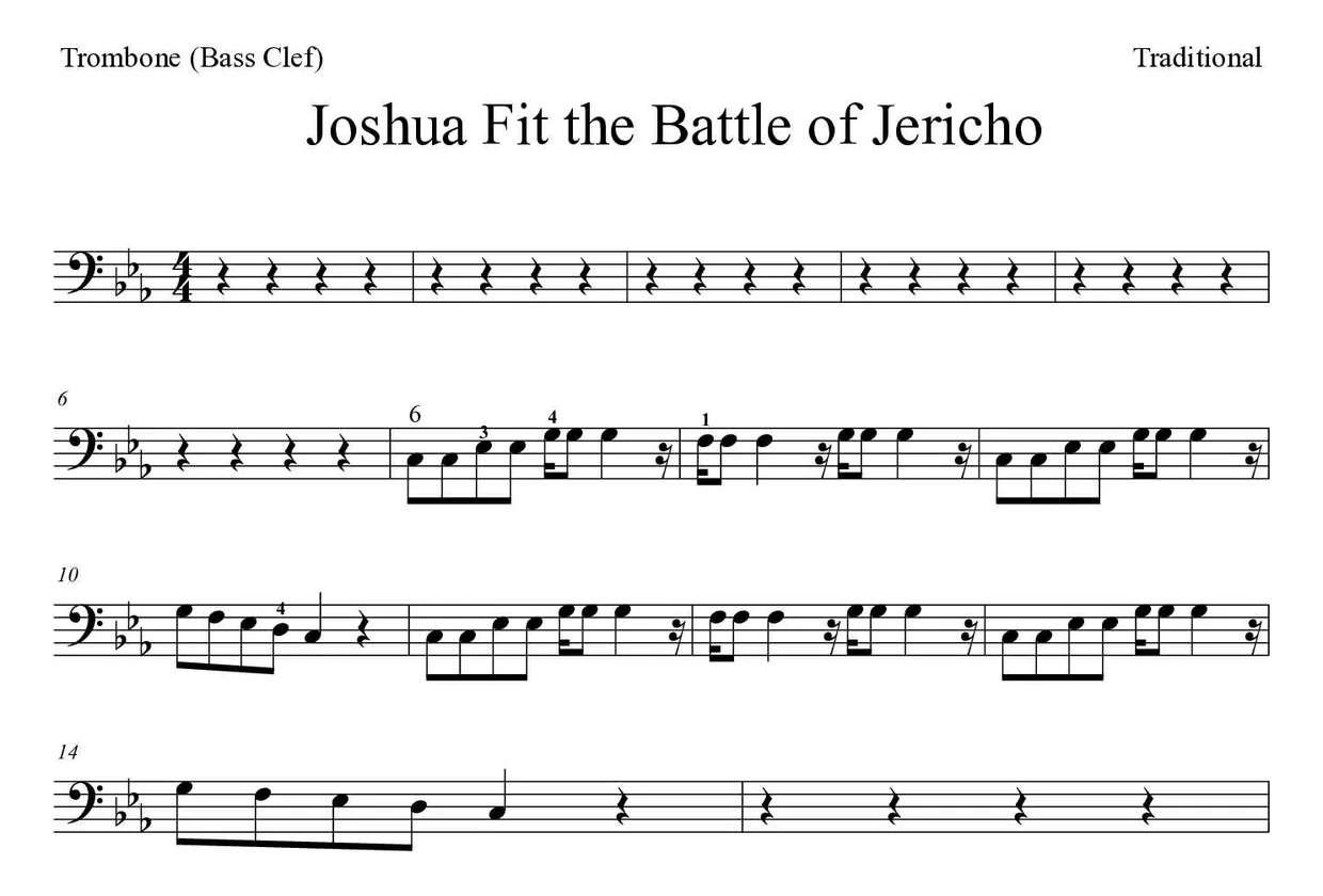 Partitura de Joshua Fit the Battle of Jericho para trombone, primeiras linhas