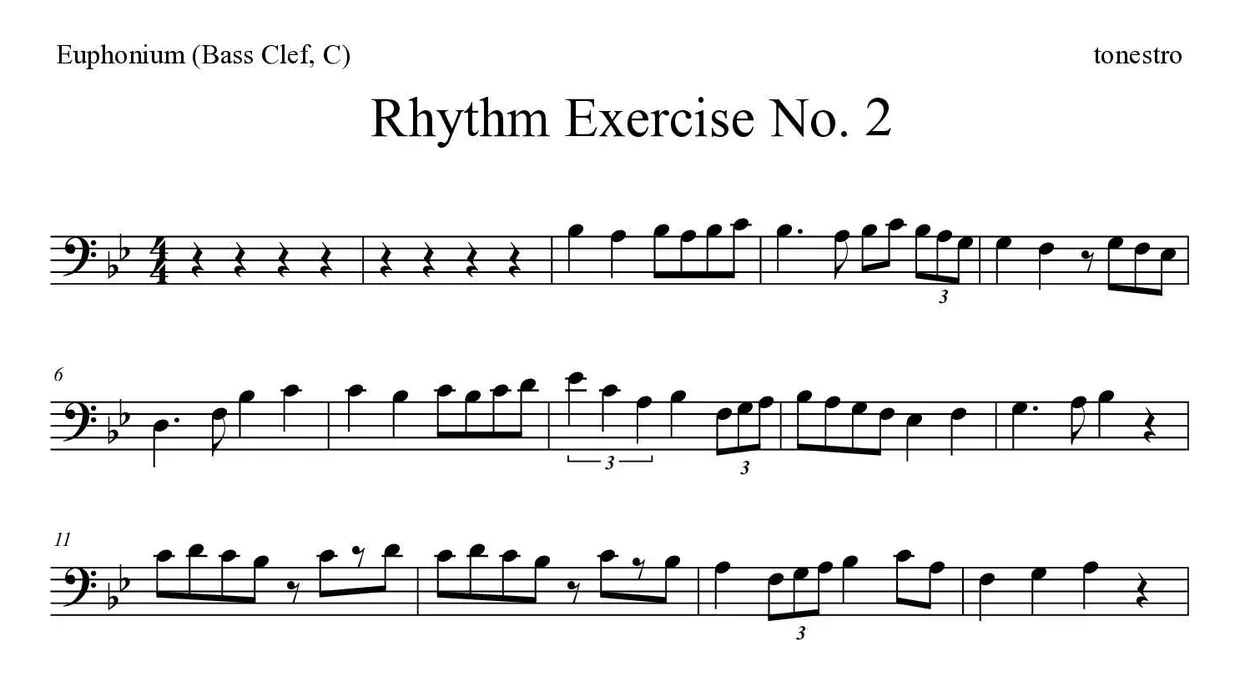 Partition de Rhythm Exercise No. 2 pour euphonium (clé de fa, do), premières lignes