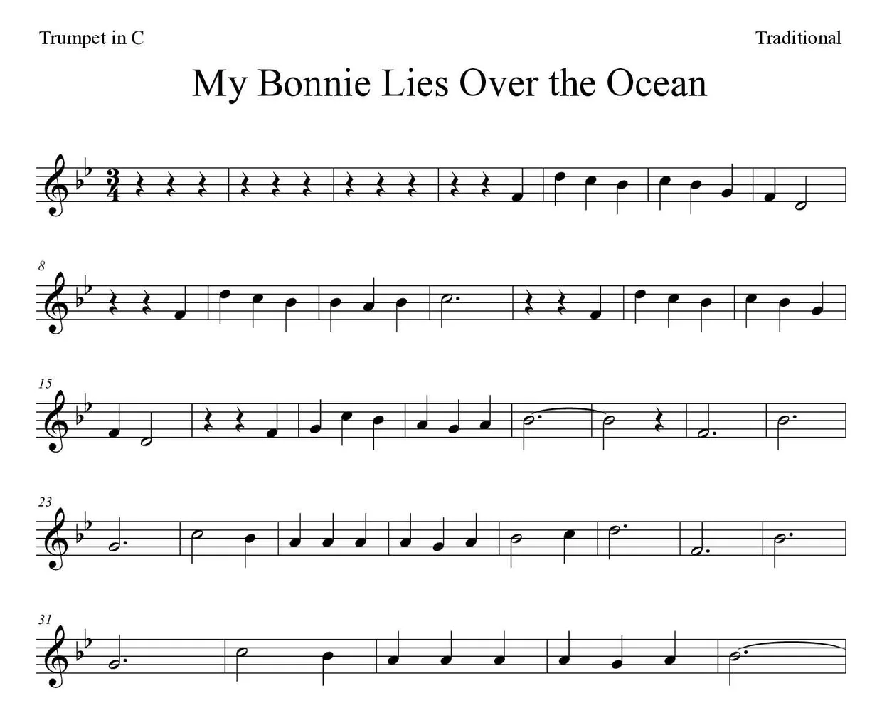 Sheet music of My Bonnie Lies Over the Ocean for trumpet in C (Medium), first lines