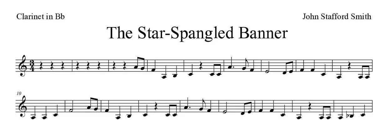 Spartito di The Star-Spangled Banner per clarinet, prime righe