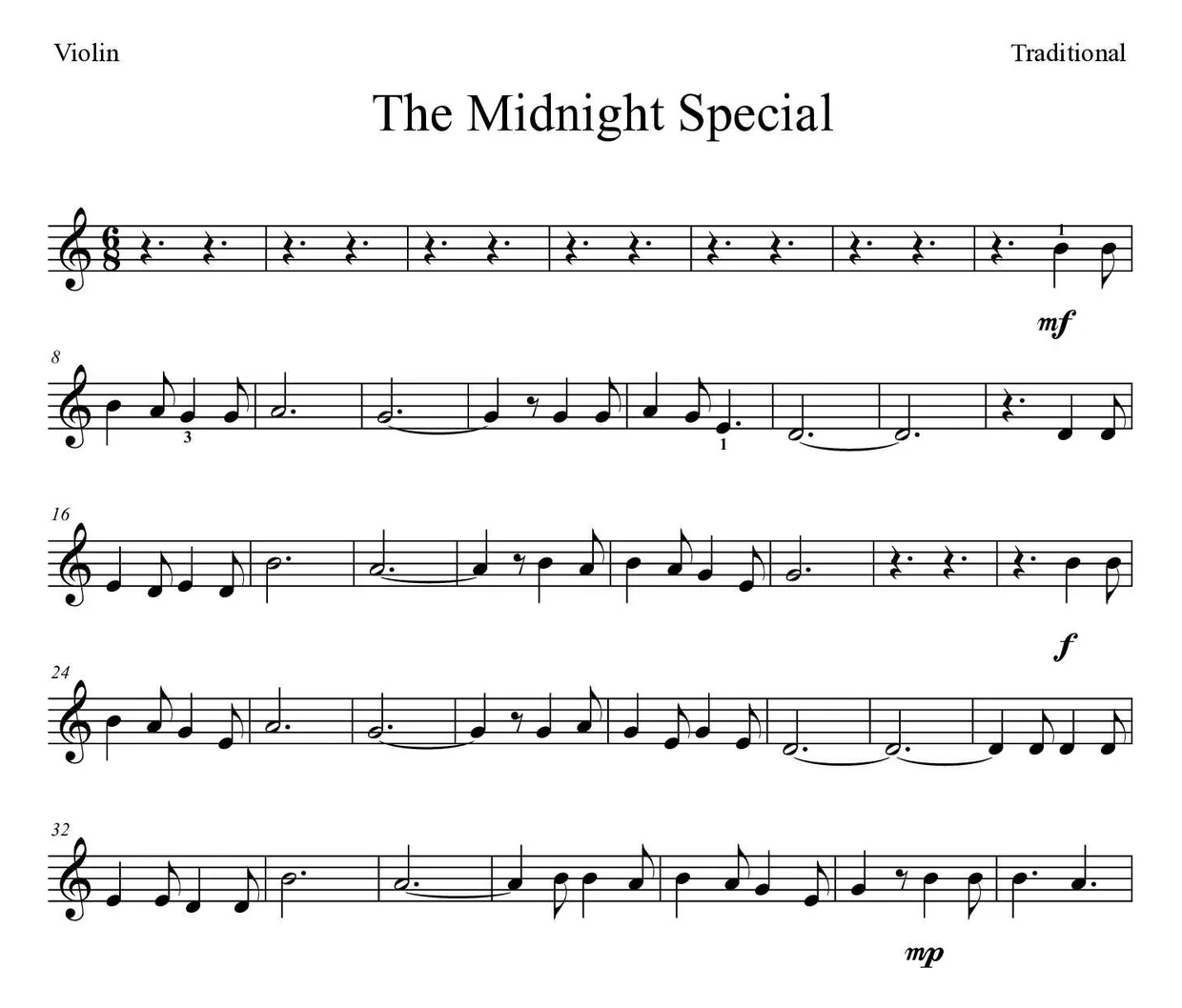 Bladmuziek van The Midnight Special voor violin, eerste regels