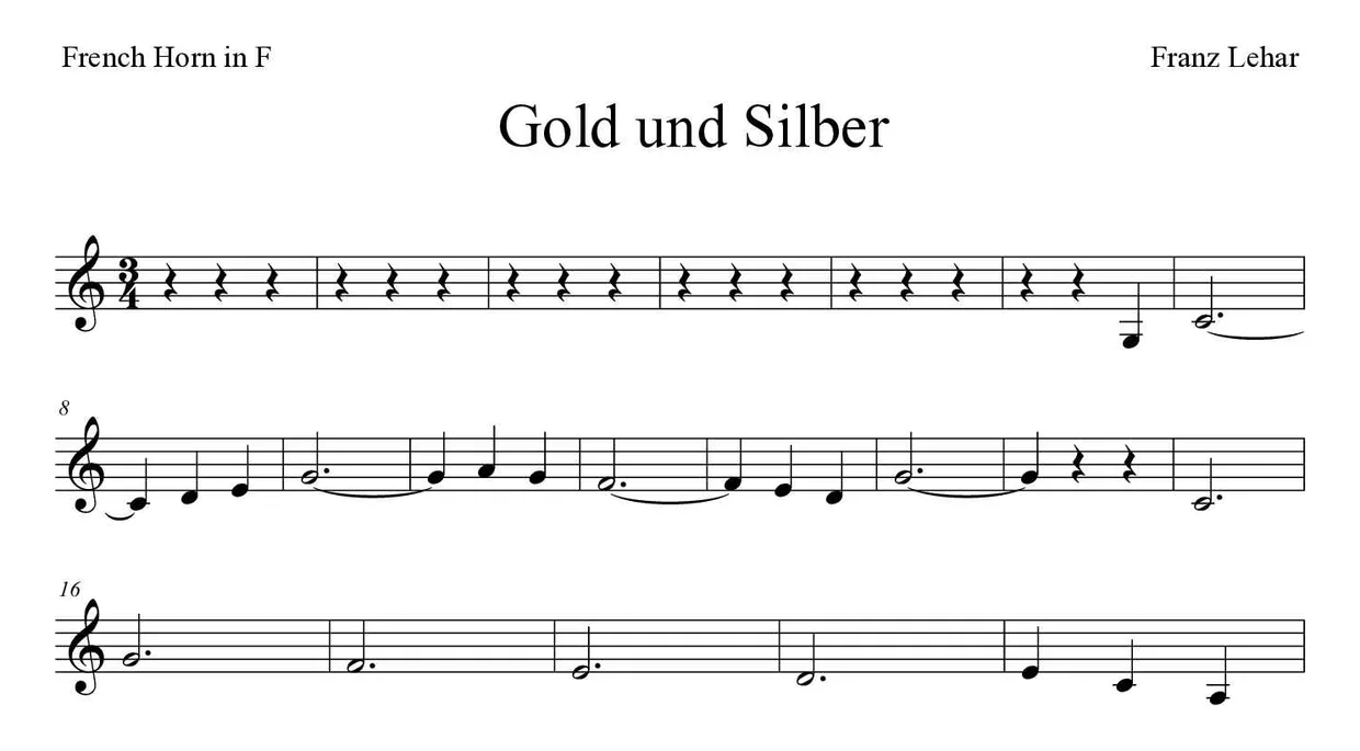 Bladmuziek van Gold und Silber voor French horn, eerste regels