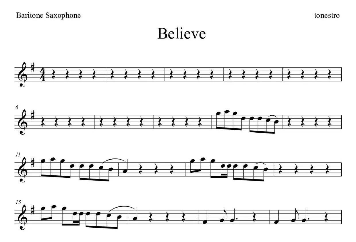 Partition de Believe pour saxophone baryton, premières lignes