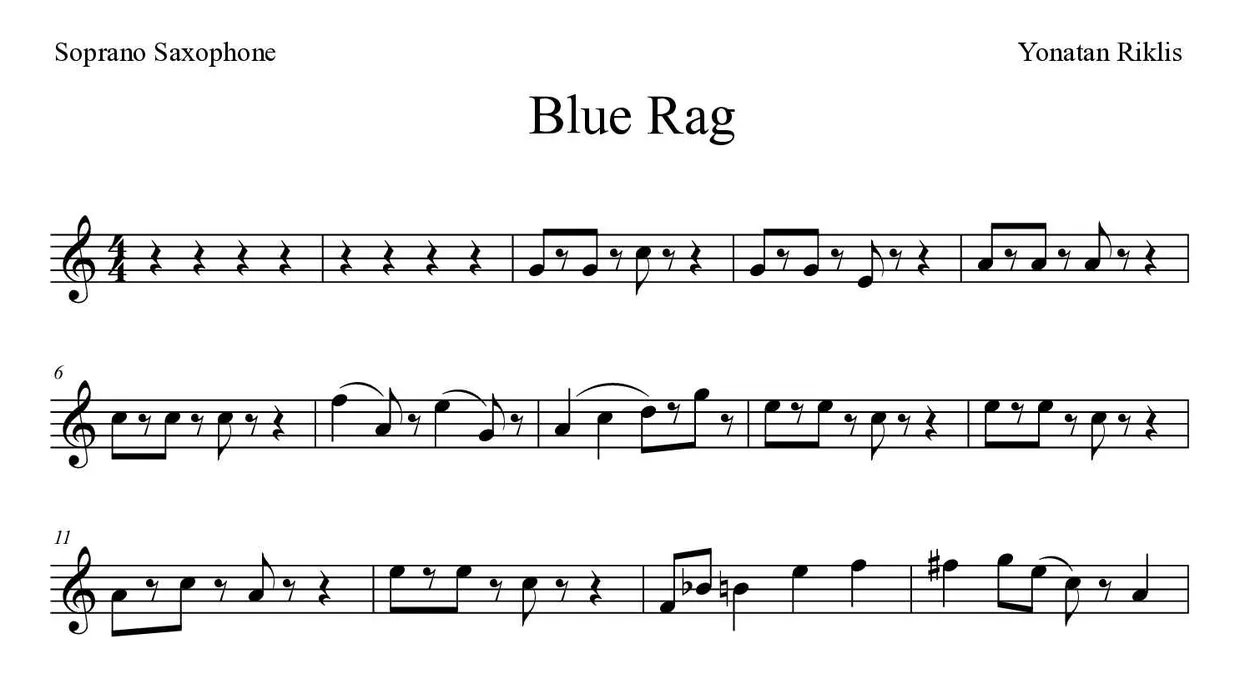 Bladmuziek van Blue Rag voor soprano saxophone, eerste regels
