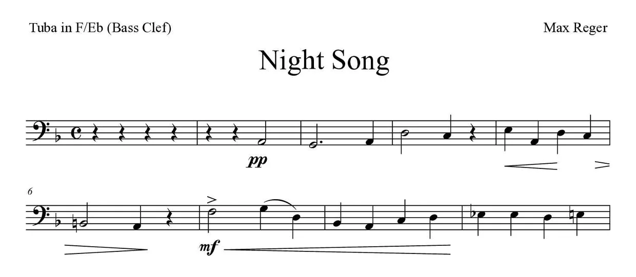 Spartito di Night Song per tuba in F/Eb (bass clef), prime righe