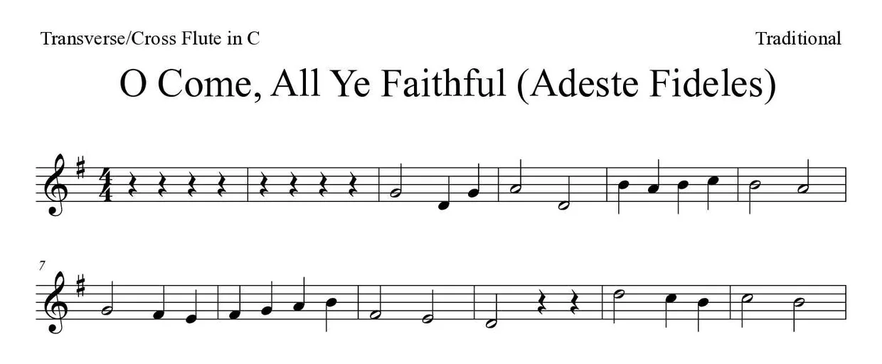 ‘O Come, All Ye Faithful (Adeste Fideles)’ Flute 악보의 첫 몇 줄