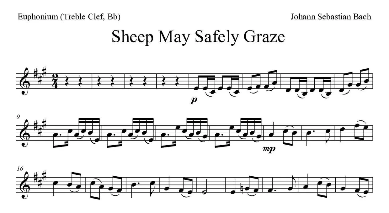「Sheep May Safely Graze」Euphonium (Treble Clef, Bb)用楽譜の最初の数段
