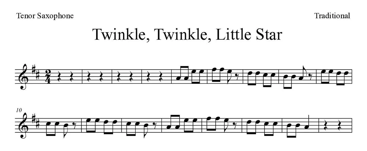 Sheet music of Twinkle, Twinkle, Little Star for tenor saxophone (Medium), first lines