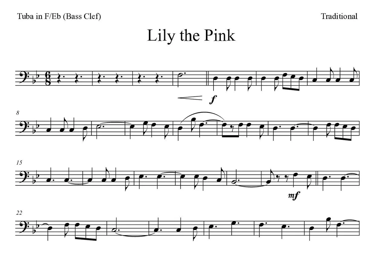 Noten von Lily the Pink für Tuba in F/Es (Bassschlüssel) (Schwer), erste Zeilen