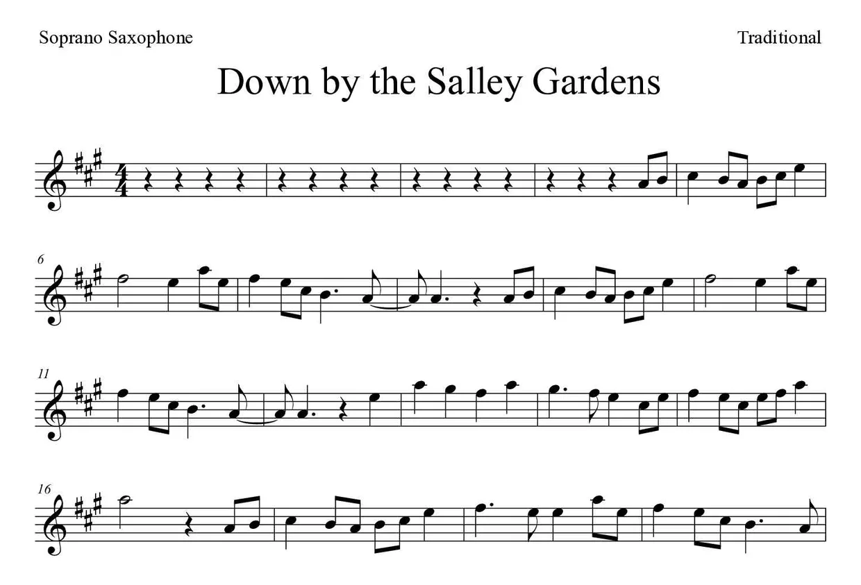 Noten von Down by the Salley Gardens für Sopransaxophon (Schwer), erste Zeilen