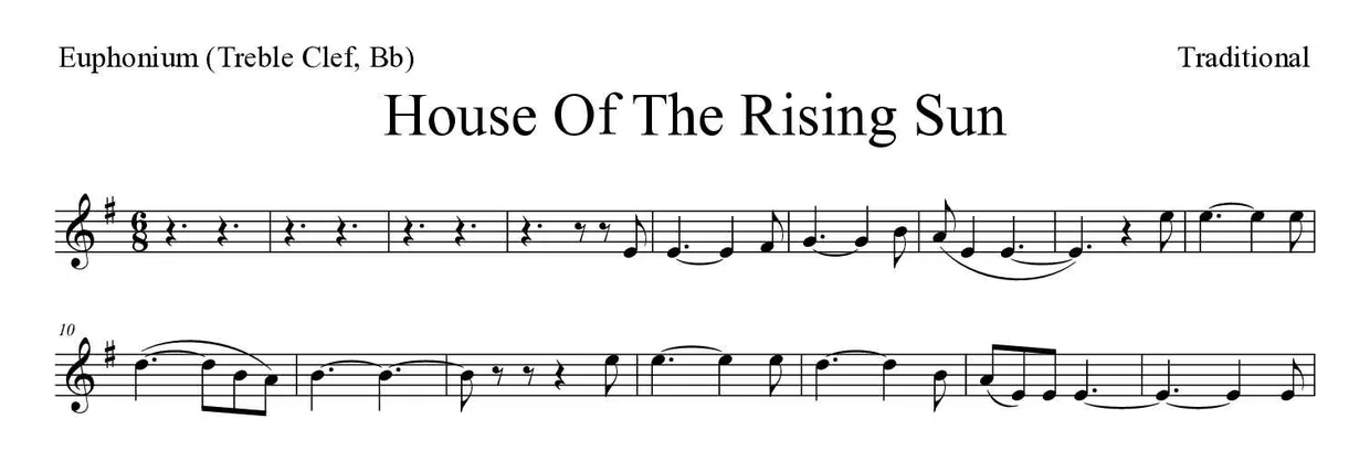 Partitura de House Of The Rising Sun para eufónio (clave de Sol, Sib), primeiras linhas