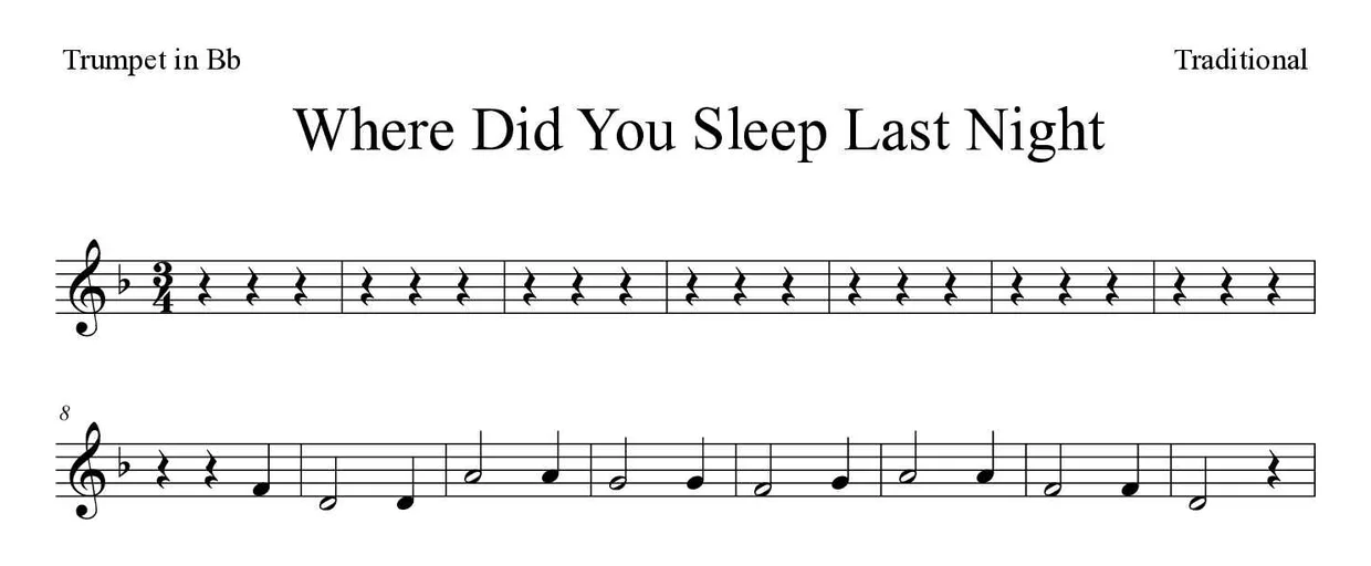Spartito di Where Did You Sleep Last Night per trumpet in Bb, prime righe