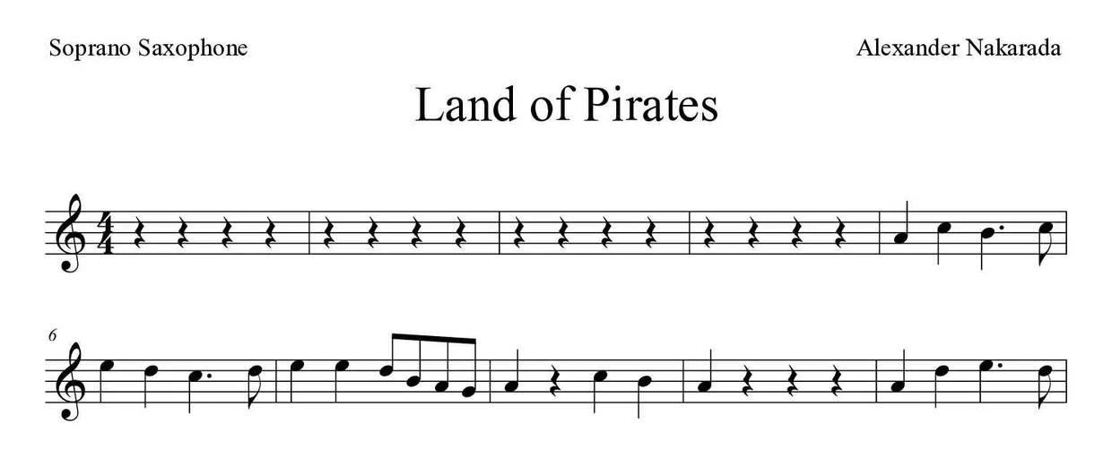 Sheet music of Land of Pirates for soprano saxophone (Easy), first lines