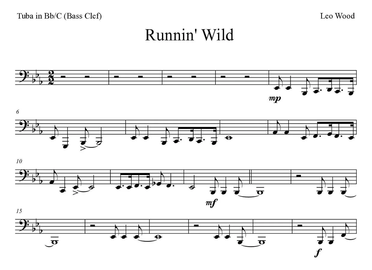 Partition de Runnin' Wild pour tuba en si bémol/do (clé de fa), premières lignes