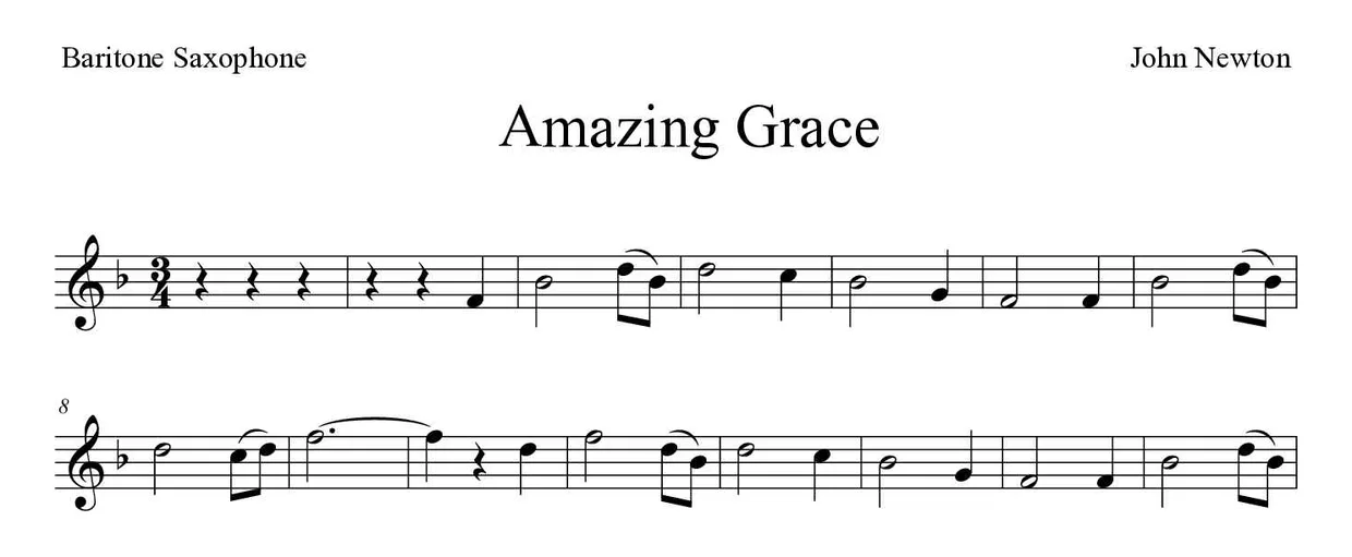「Amazing Grace」Baritone Saxophone用楽譜の最初の数段