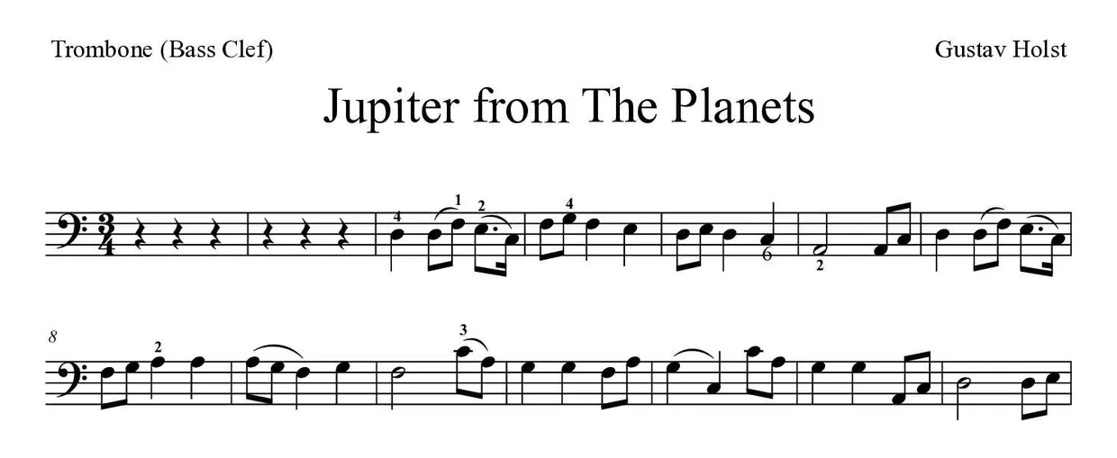 Sheet music of Jupiter from The Planets for trombone (Medium), first lines