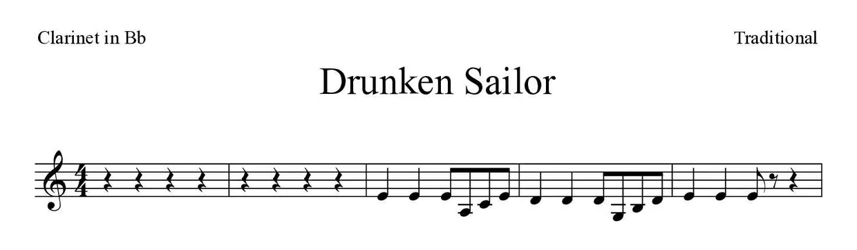 Bladmuziek van Drunken Sailor voor clarinet, eerste regels