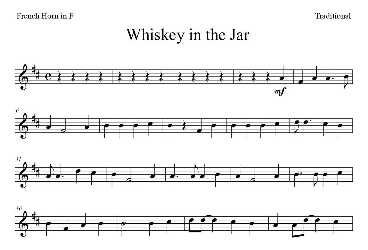 Partition de Whiskey in the Jar pour cor d'harmonie, premières lignes