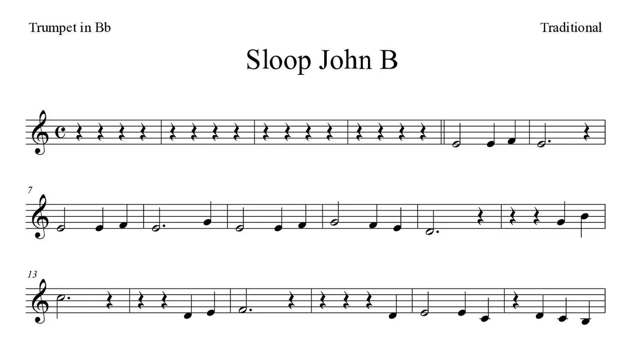 Partitura de Sloop John B para trompete em Sib, primeiras linhas