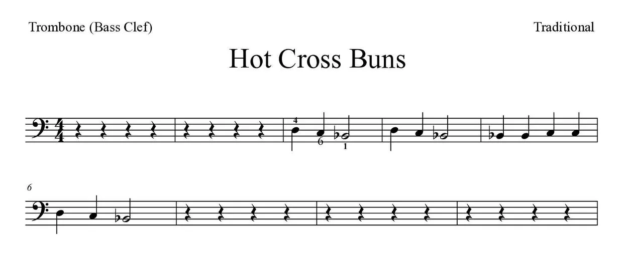Partitura de Hot Cross Buns para trombón, primeras líneas