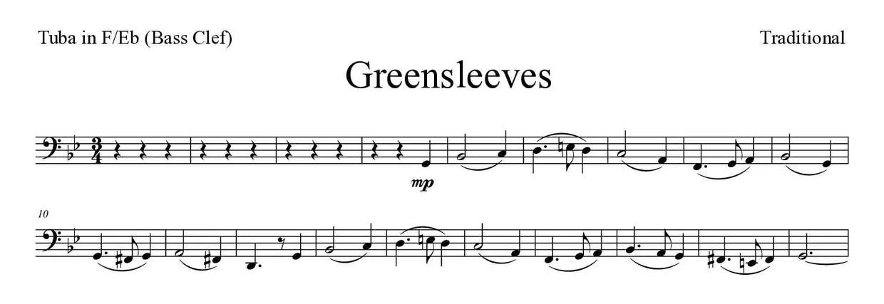 Partitura de Greensleeves para tuba en Fa/Mib (clave de Fa), primeras líneas
