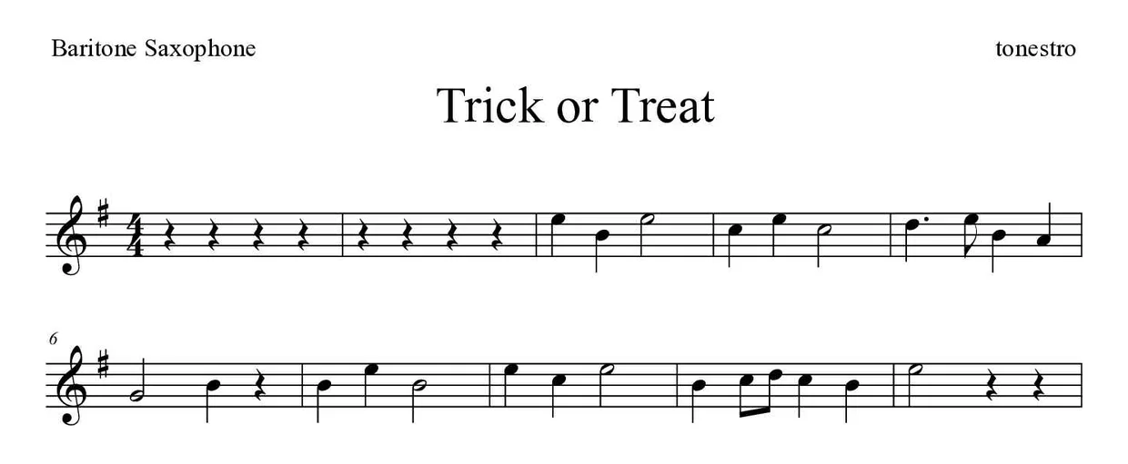 ‘Trick or Treat’ Baritone Saxophone 악보의 첫 몇 줄
