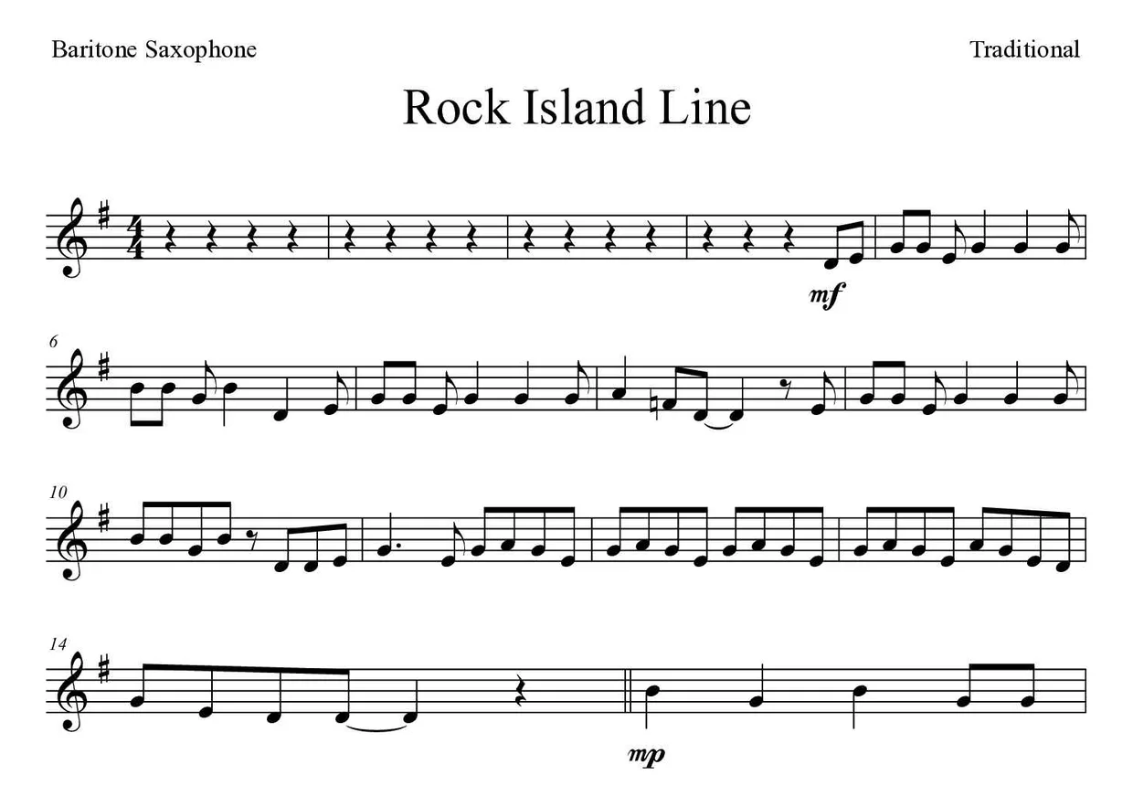 Partitura de Rock Island Line para saxofone barítono, primeiras linhas